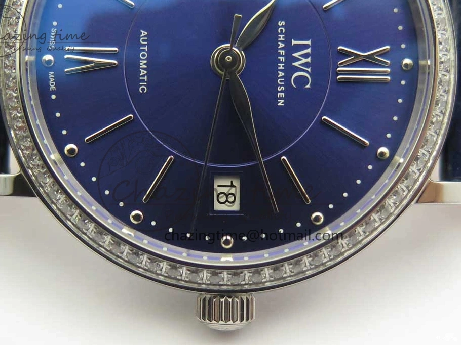 MIROTIME 1224 Fashionable Portofino IW458101 Diamond Bezel SS MK 1:1 Best Edition Blue Dial On Blue Leather Strap MIYOTA 7169